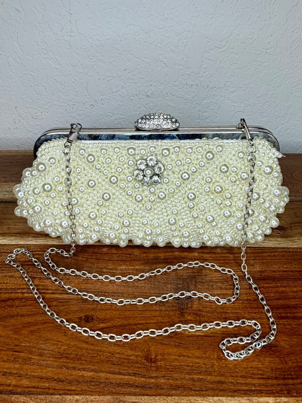 Ivory Faux Pearl/ Rhinestone Evening Crossbody/ Clutch Bag